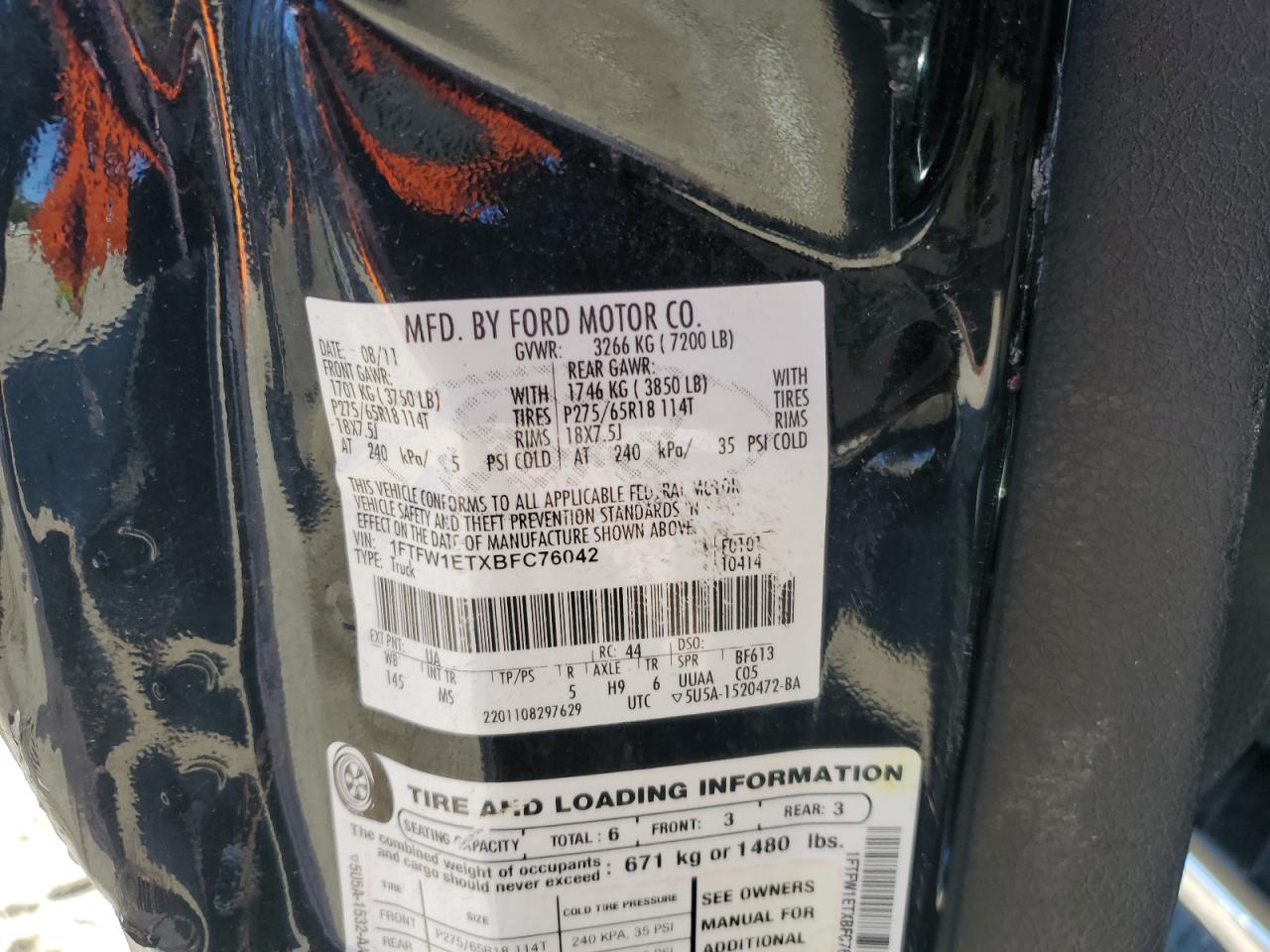 2011 Ford F150 Supercrew VIN: 1FTFW1ETXBFC76042 Lot: 85277675