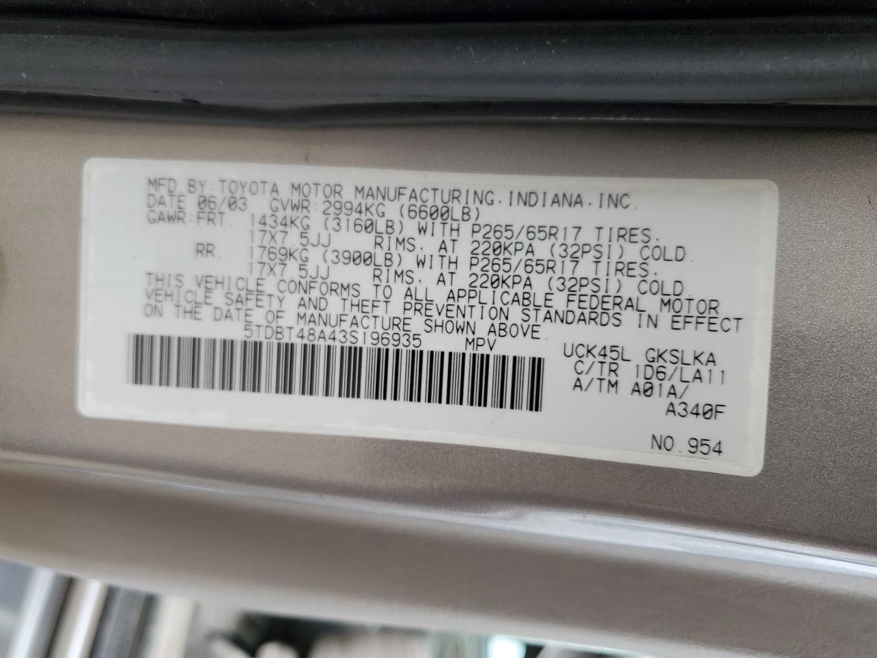 2003 Toyota Sequoia Limited VIN: 5TDBT48A43S196935 Lot: 85520915