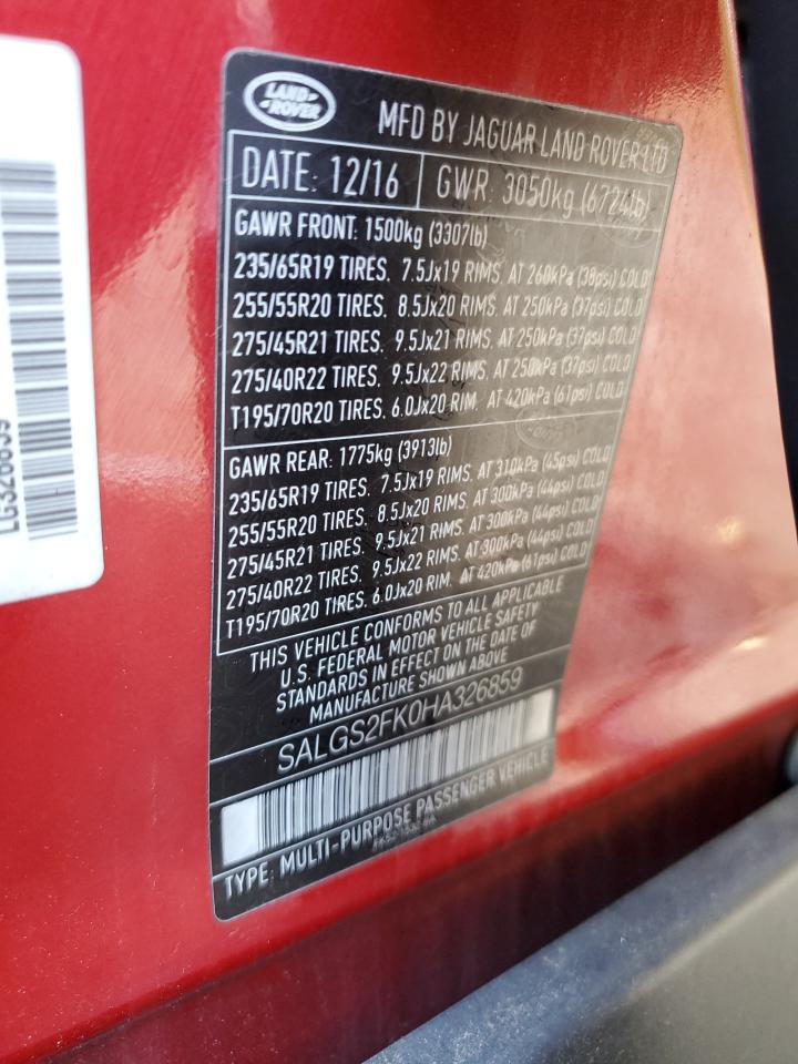 2017 Land Rover Range Rover Hse VIN: SALGS2FK0HA326859 Lot: 89831275