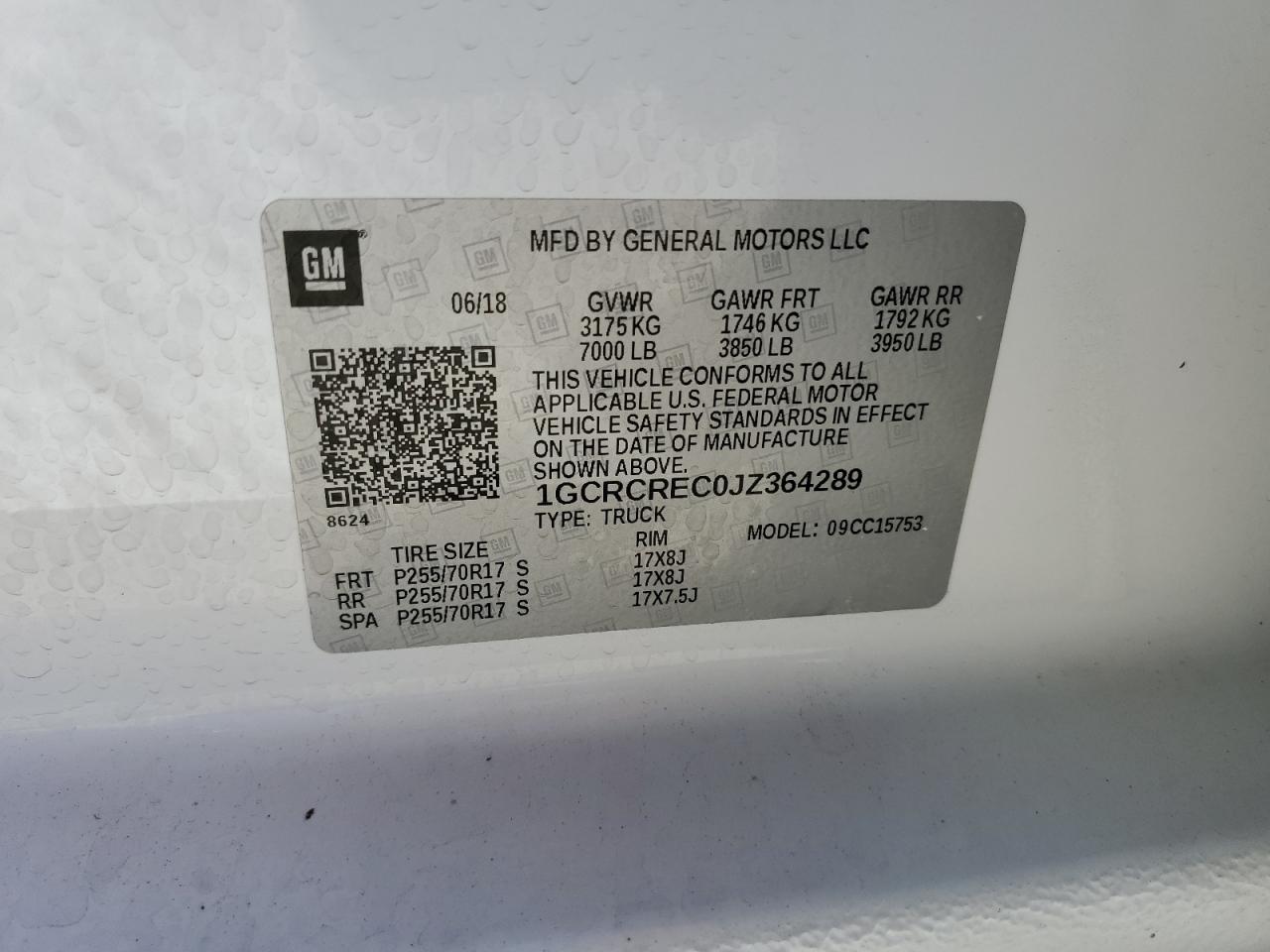 2018 Chevrolet 1500 VIN: 1GCRCREC0JZ364289 Lot: 81865375