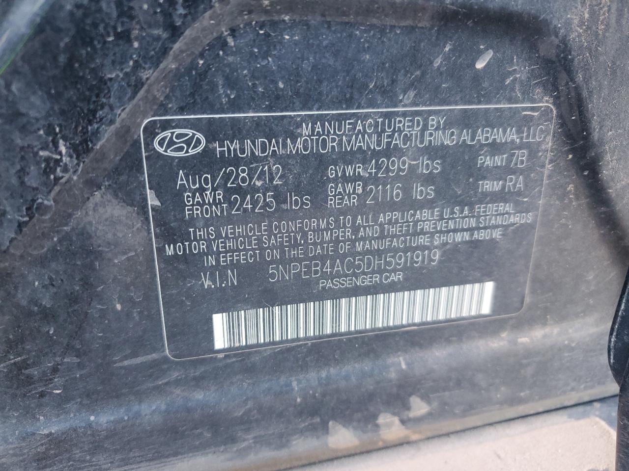 2013 Hyundai Sonata Gls VIN: 5NPEB4AC5DH591919 Lot: 85552435