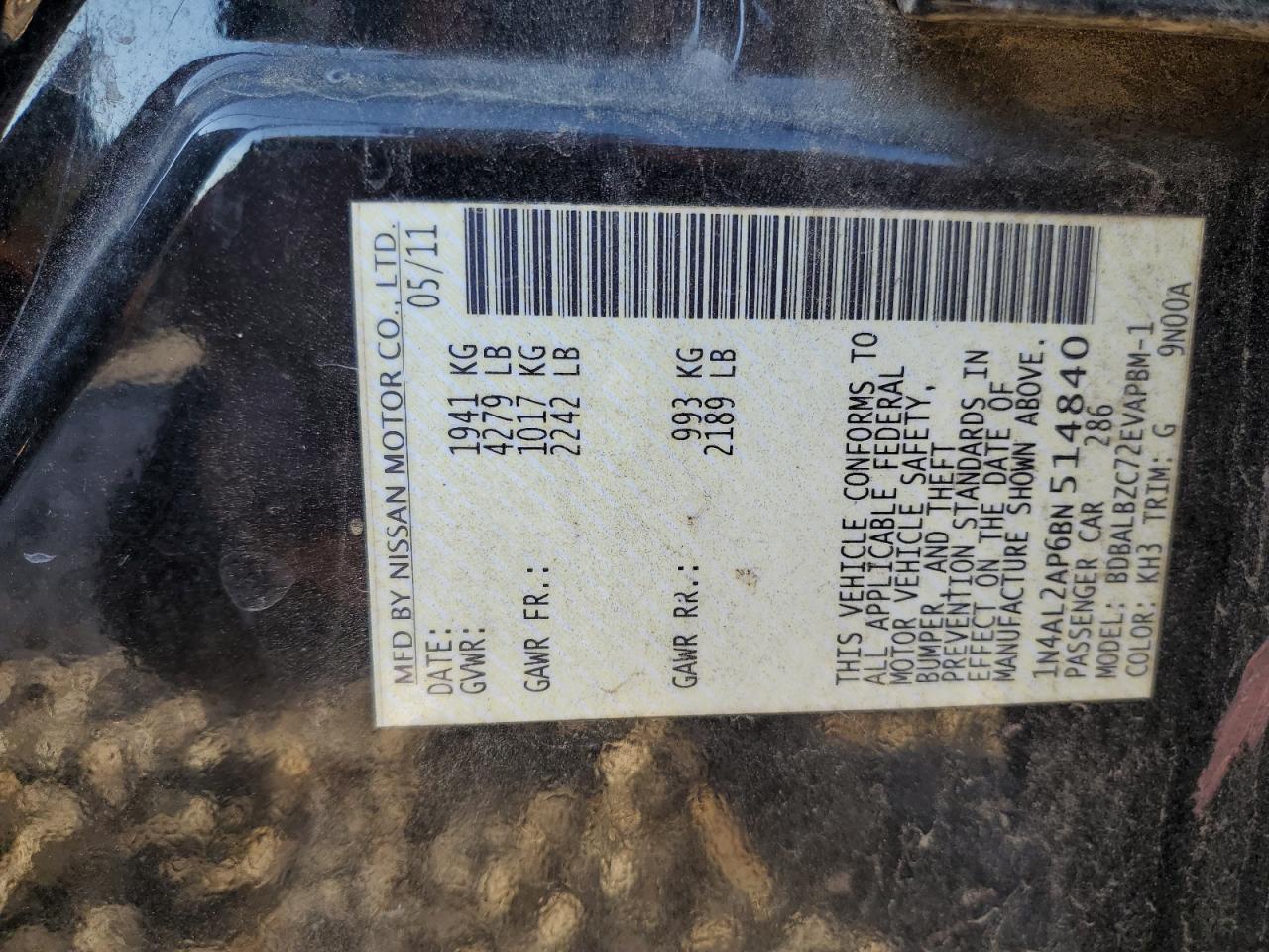 2011 Nissan Altima Base VIN: 1N4AL2AP6BN514840 Lot: 82386985