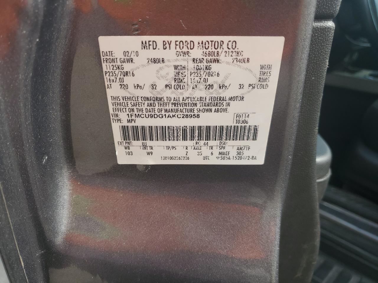 2010 Ford Escape Xlt VIN: 1FMCU9DG1AKC28958 Lot: 84942675