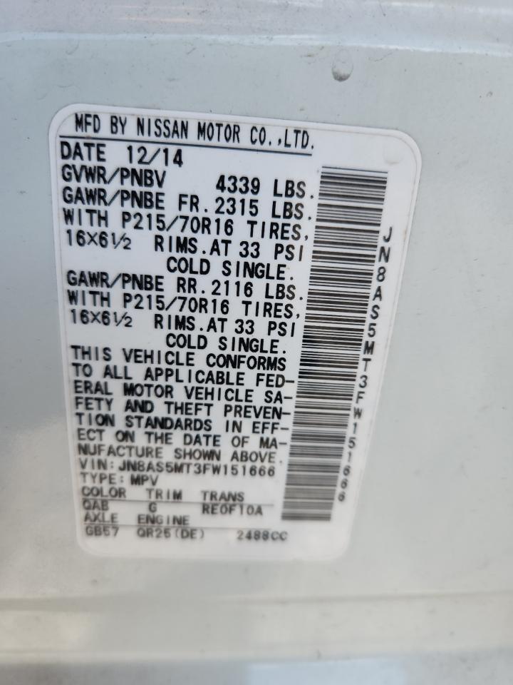 2015 Nissan Rogue Select S VIN: JN8AS5MT3FW151666 Lot: 81898195