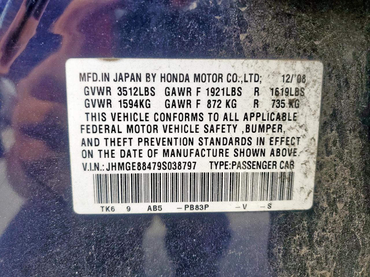 2009 Honda Fit Sport VIN: JHMGE88479S038797 Lot: 85281105