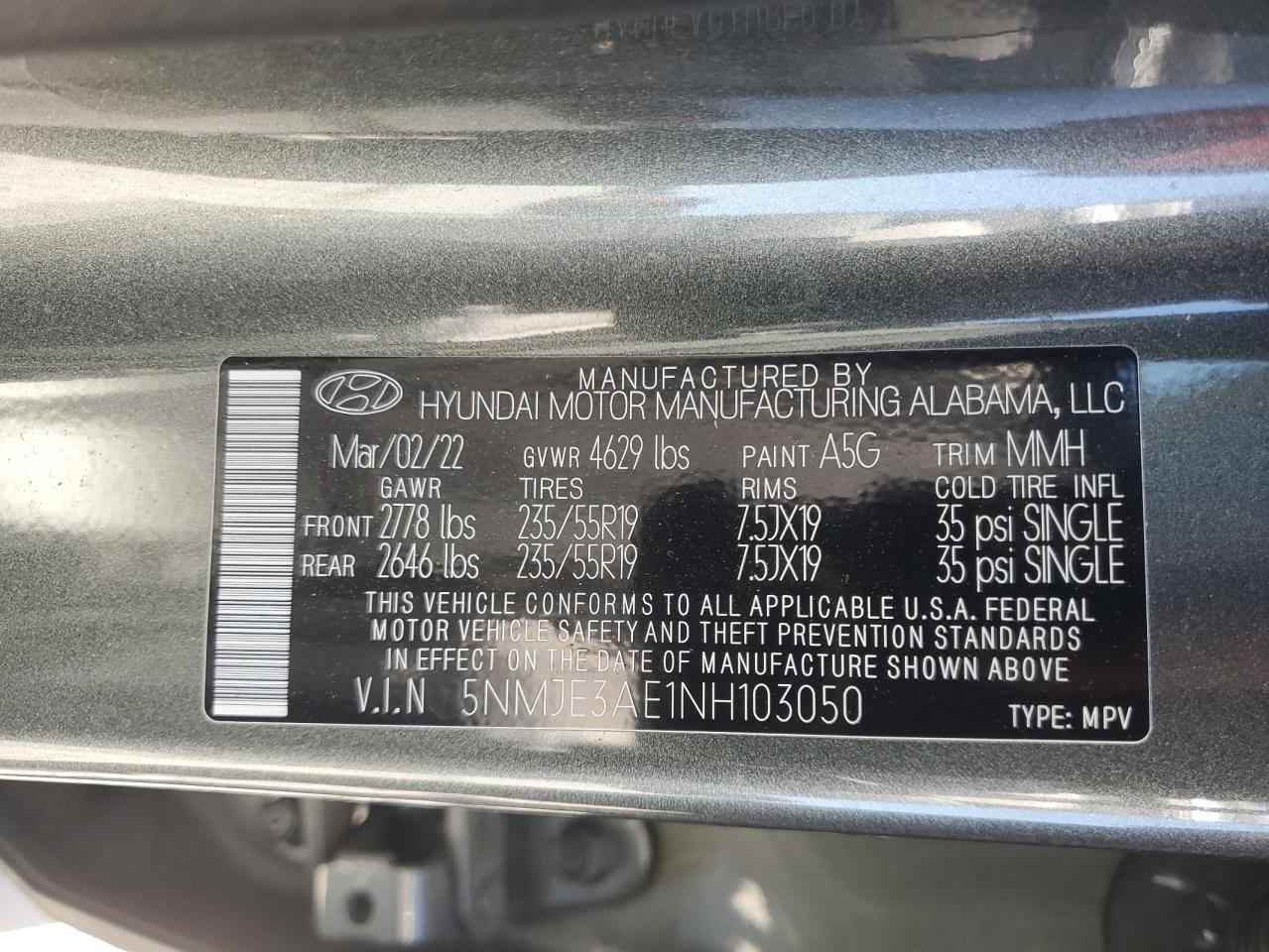 2022 Hyundai Tucson Limited VIN: 5NMJE3AE1NH103050 Lot: 86864145