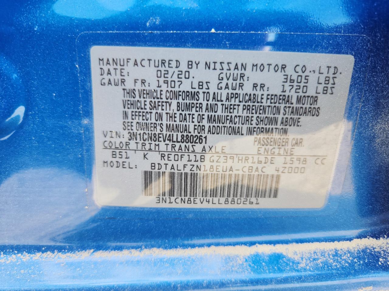 2020 Nissan Versa Sv VIN: 3N1CN8EV4LL880261 Lot: 83789925