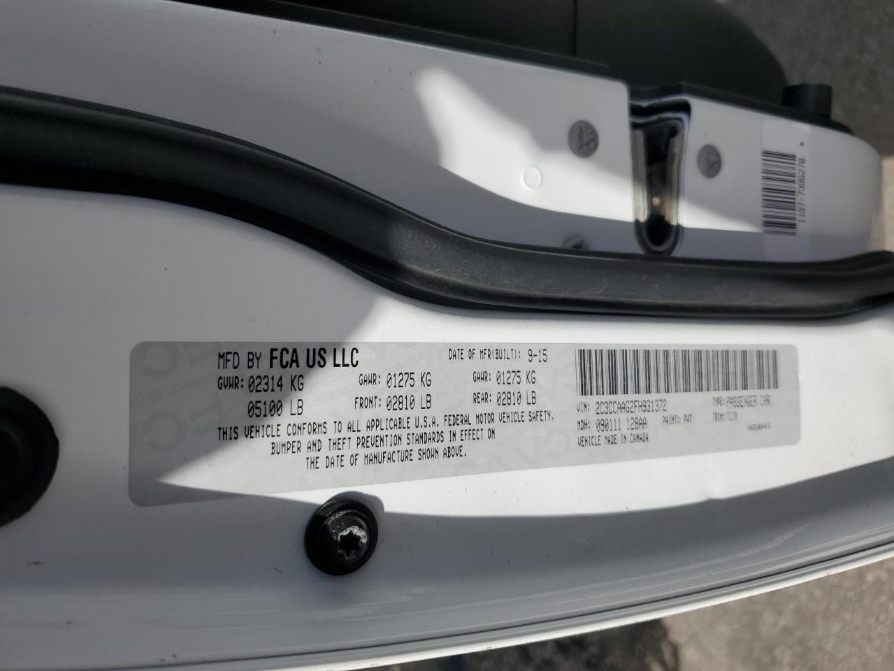 2015 Chrysler 300 Limited VIN: 2C3CCAAG2FH931372 Lot: 89565575