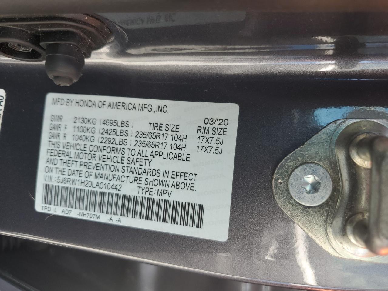 2020 Honda Cr-V Lx VIN: 5J6RW1H20LA010442 Lot: 85668425