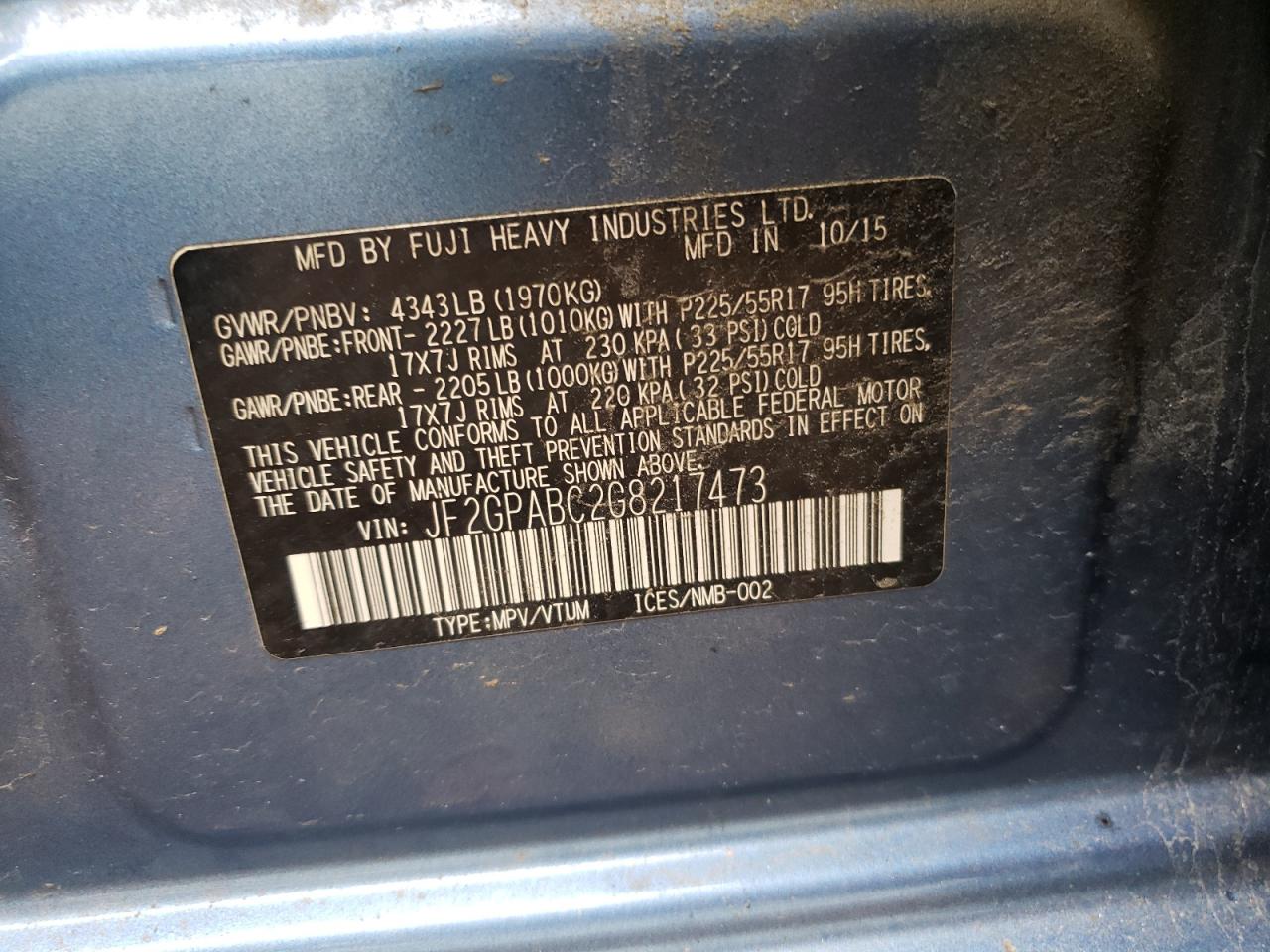 2016 Subaru Crosstrek Premium VIN: JF2GPABC2G8217473 Lot: 80035855