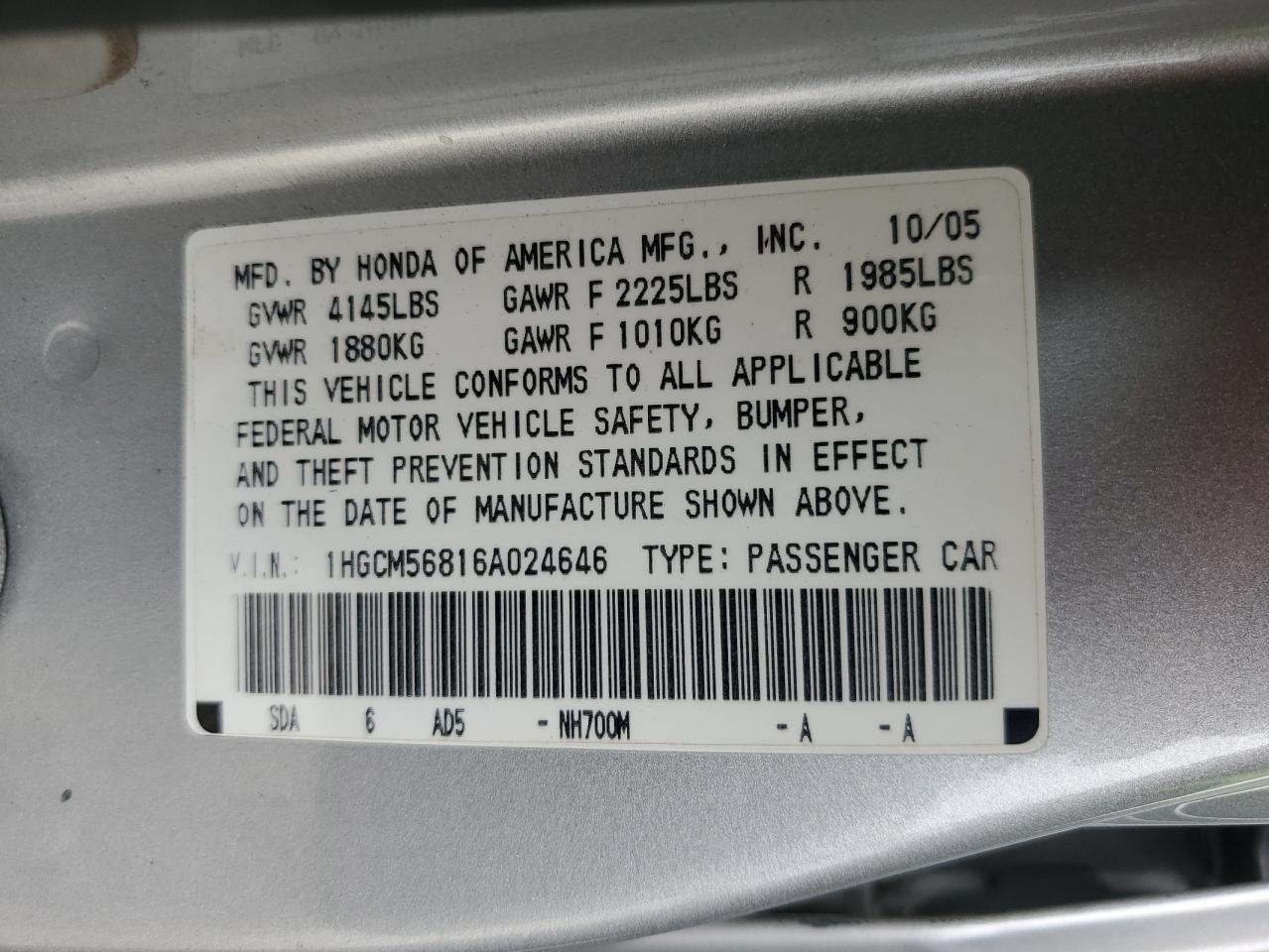 2006 Honda Accord Ex VIN: 1HGCM56816A024646 Lot: 85596835