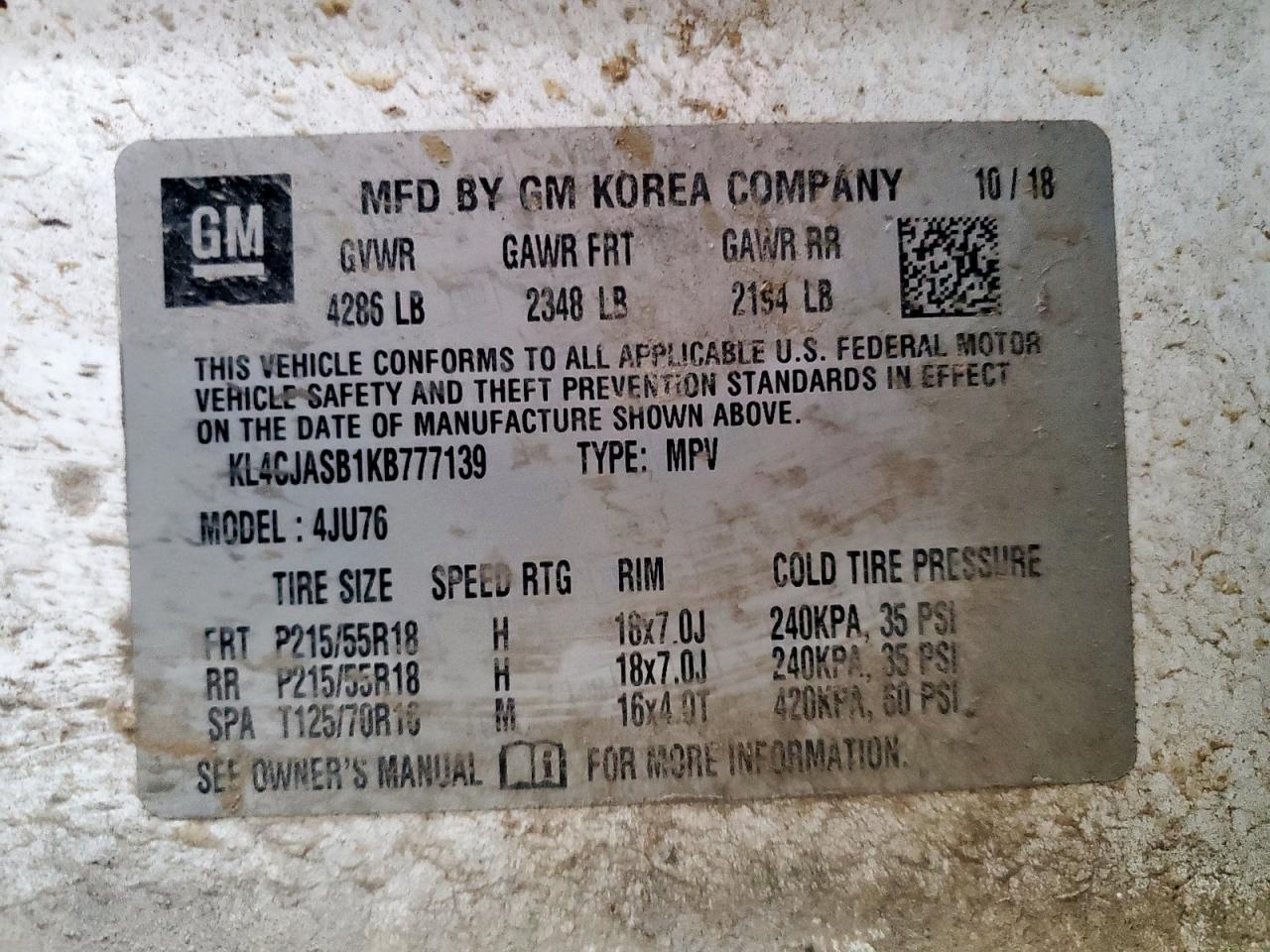 2019 Buick Encore Preferred VIN: KL4CJASB1KB777139 Lot: 90646825