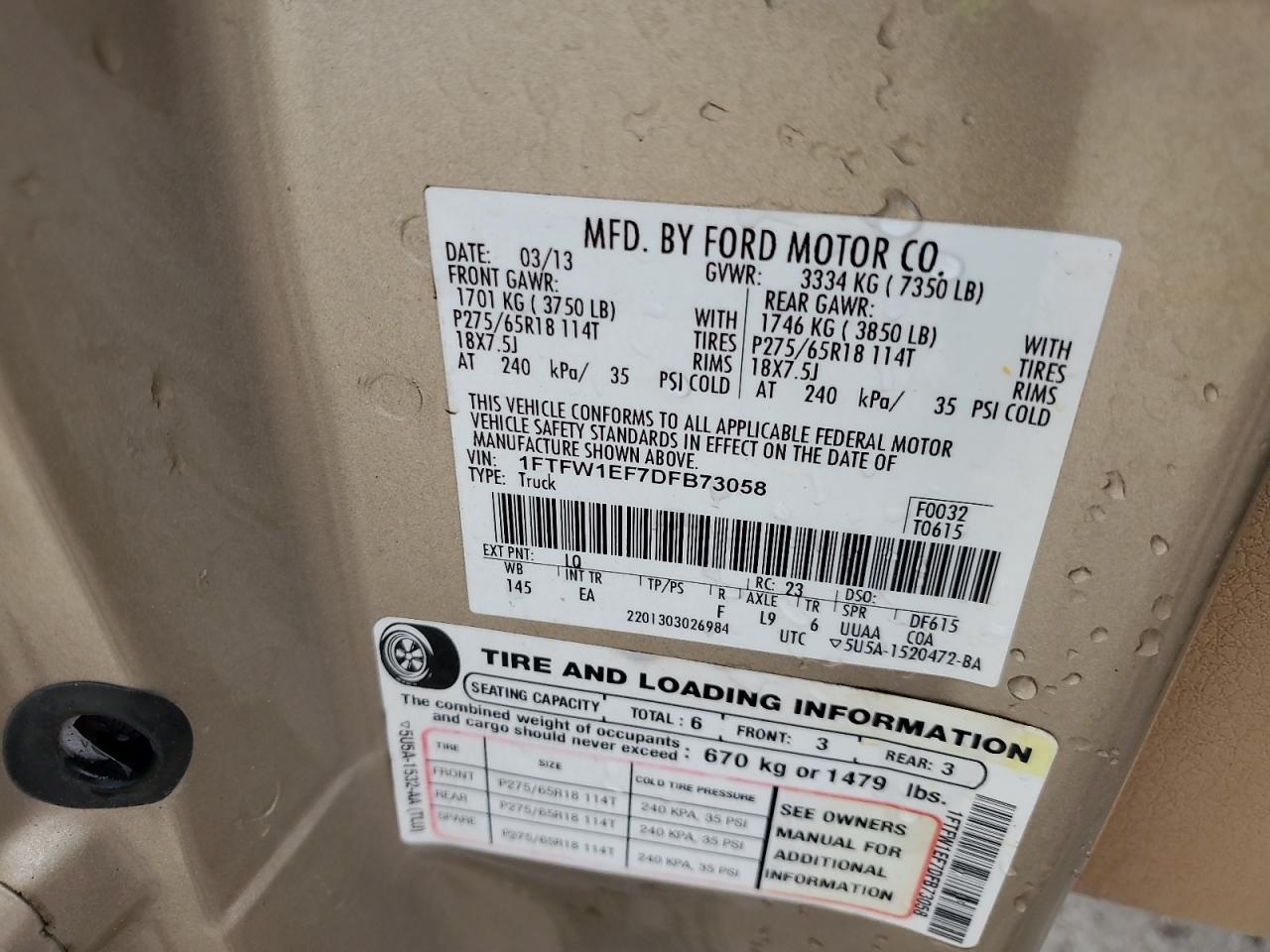 2013 Ford F150 Supercrew VIN: 1FTFW1EF7DFB73058 Lot: 84190135