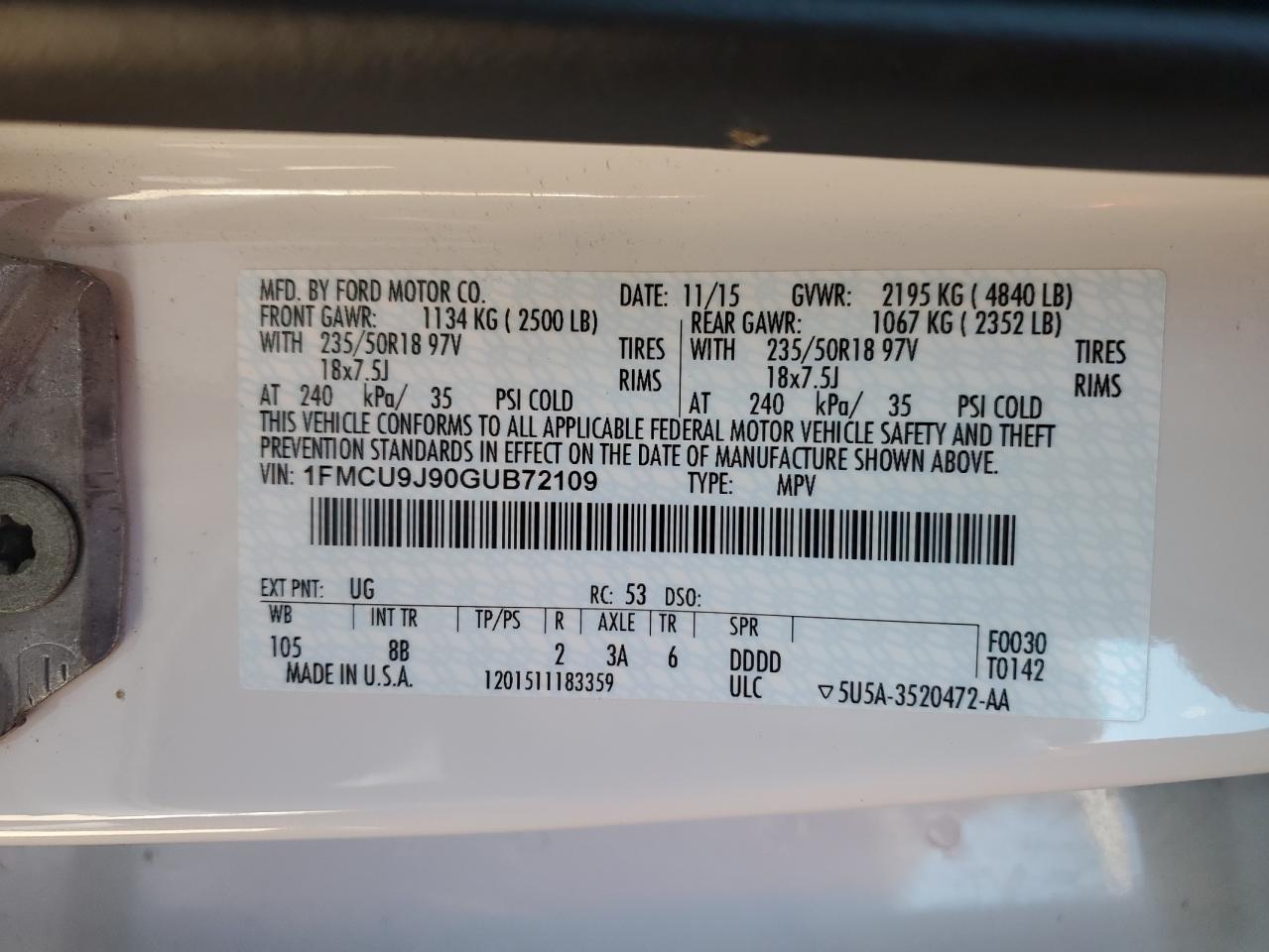 2016 Ford Escape Titanium VIN: 1FMCU9J90GUB72109 Lot: 82406375