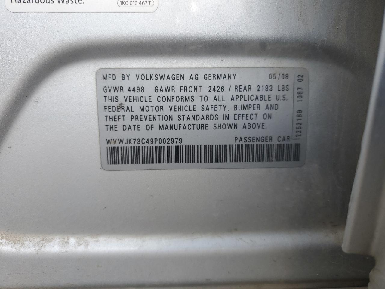 2009 Volkswagen Passat Turbo VIN: WVWJK73C49P002979 Lot: 90332665