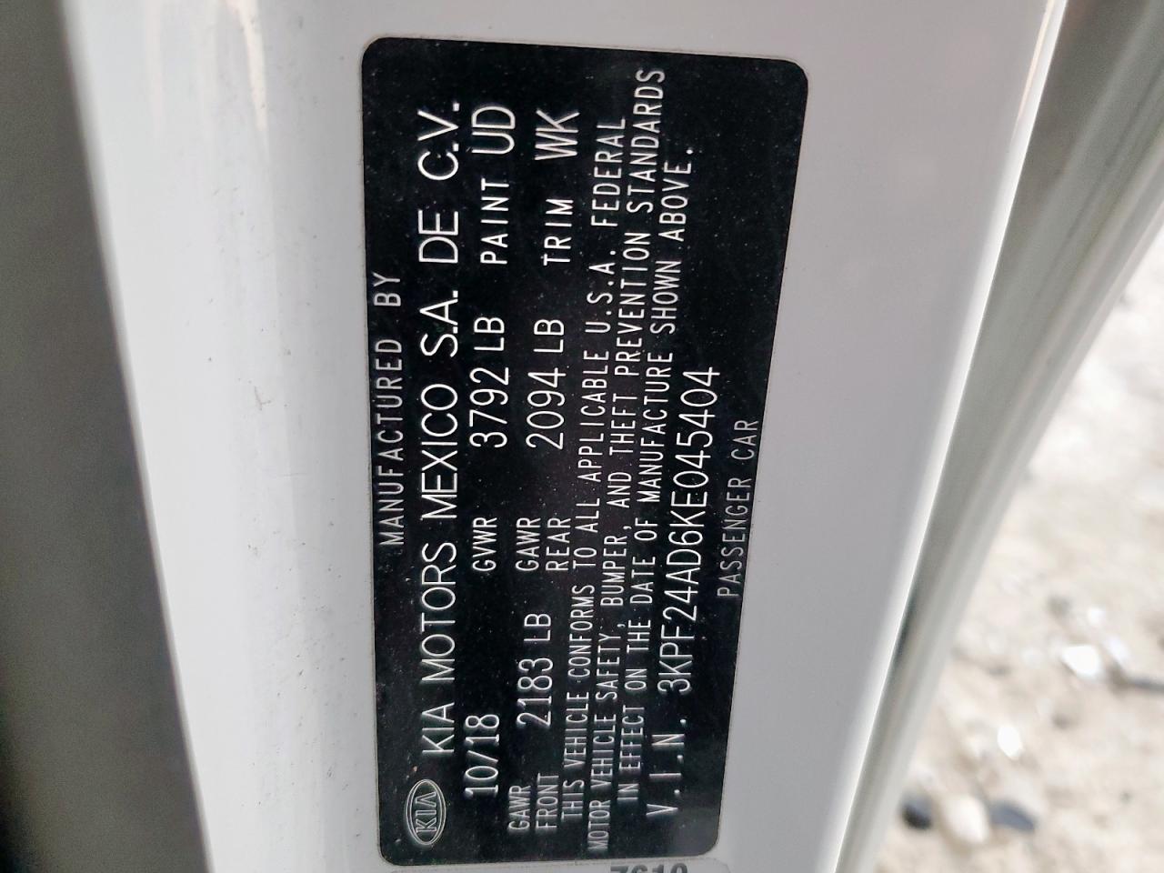 2019 Kia Forte Fe VIN: 3KPF24AD6KE045404 Lot: 90263575