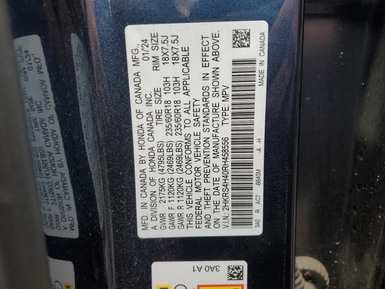2024 Honda Cr-V Ex VIN: 2HKRS4H40RH458556 Lot: 82709675