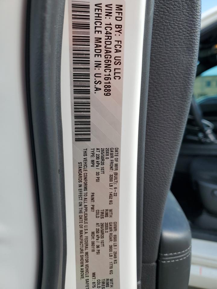 2022 Dodge Durango Sxt VIN: 1C4RDJAG6NC161889 Lot: 86684815