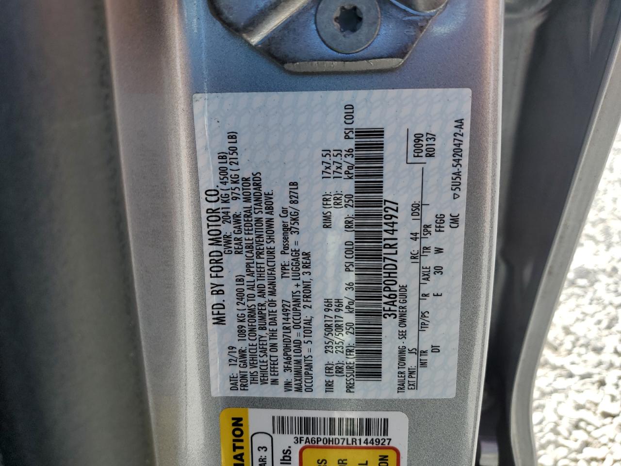 2020 Ford Fusion Se VIN: 3FA6P0HD7LR144927 Lot: 82428145