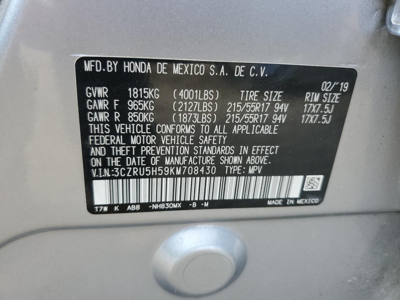 2019 Honda Hr-V Ex VIN: 3CZRU5H59KM708430 Lot: 86129055