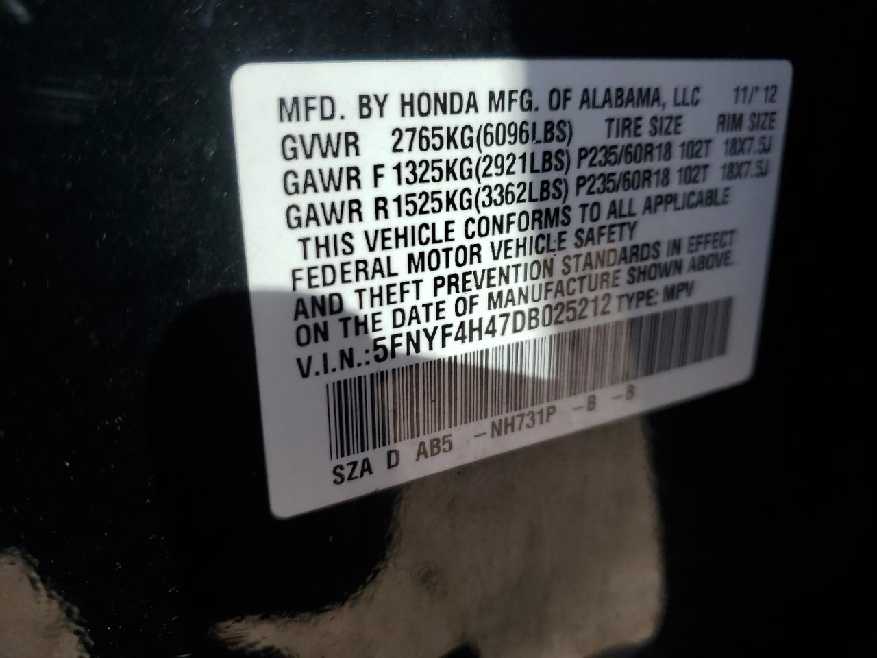 2013 Honda Pilot Ex VIN: 5FNYF4H47DB025212 Lot: 84564995