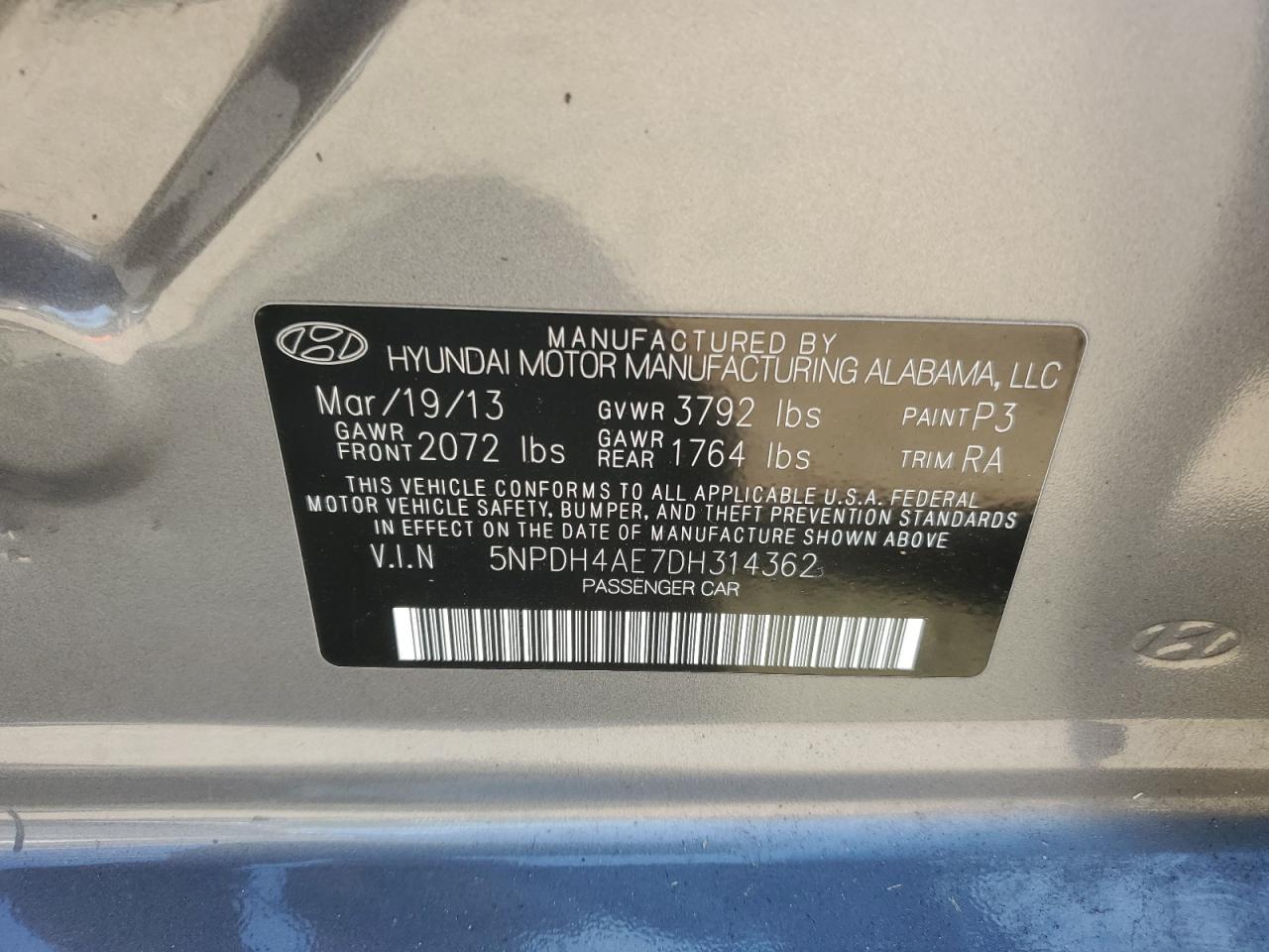 2013 Hyundai Elantra Gls VIN: 5NPDH4AE7DH314362 Lot: 85166685