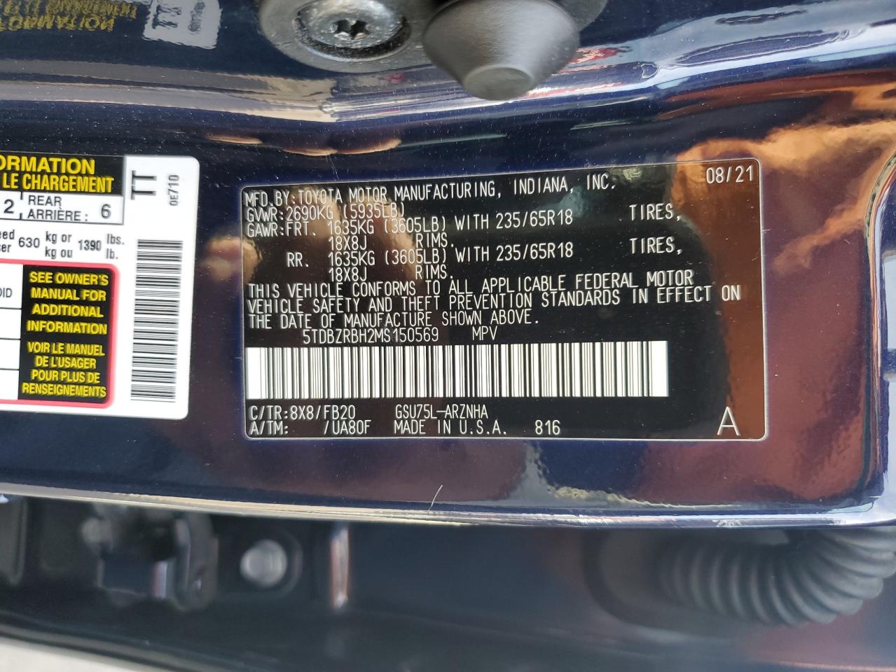 2021 Toyota Highlander L VIN: 5TDBZRBH2MS150569 Lot: 81734335