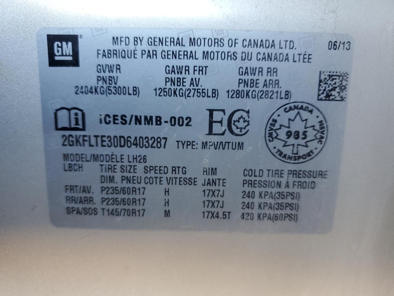2013 GMC Terrain Sle VIN: 2GKFLTE30D6403287 Lot: 85900755