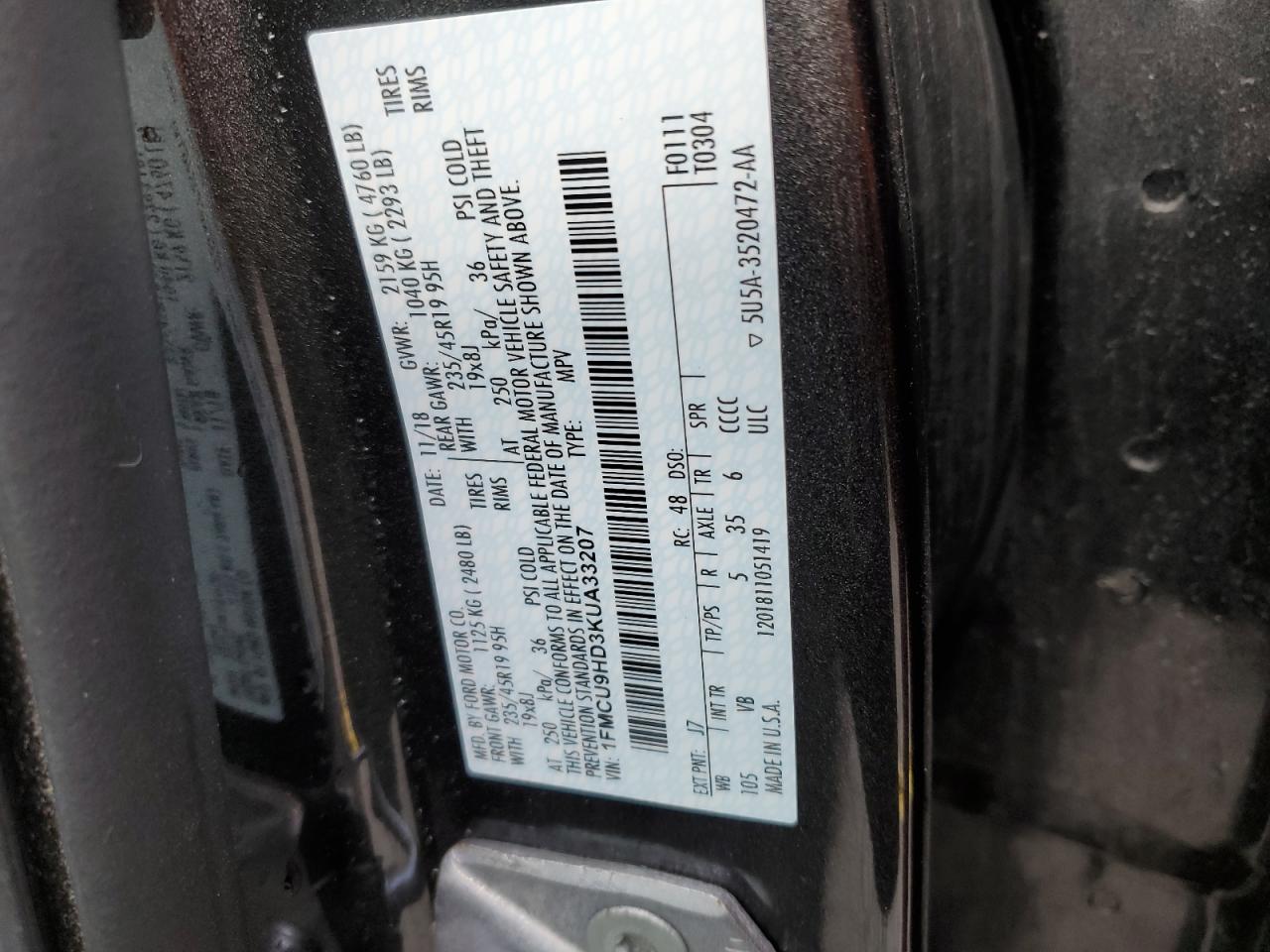 2019 Ford Escape Sel VIN: 1FMCU9HD3KUA33207 Lot: 85741245