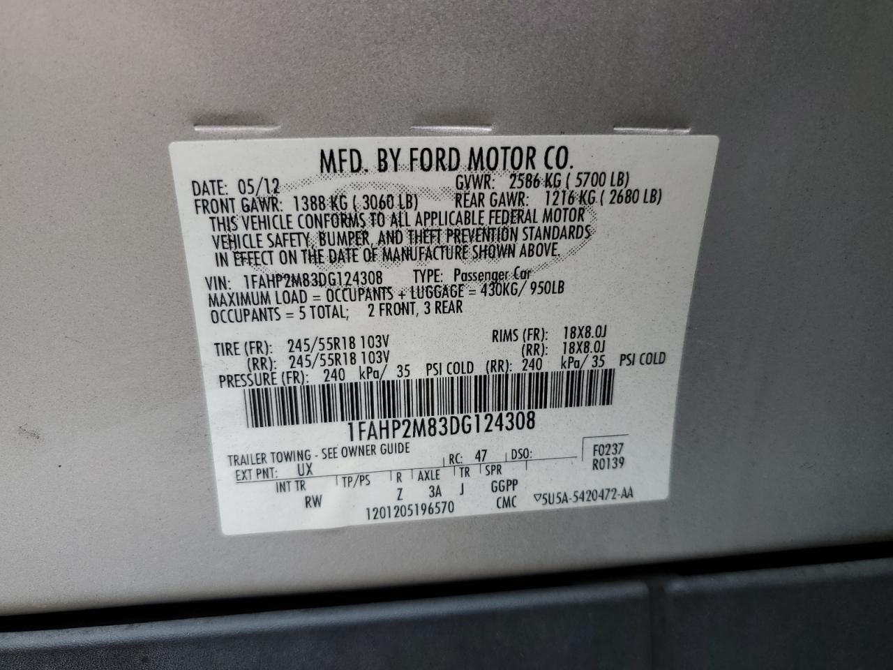 2013 Ford Taurus Police Interceptor VIN: 1FAHP2M83DG124308 Lot: 82426795