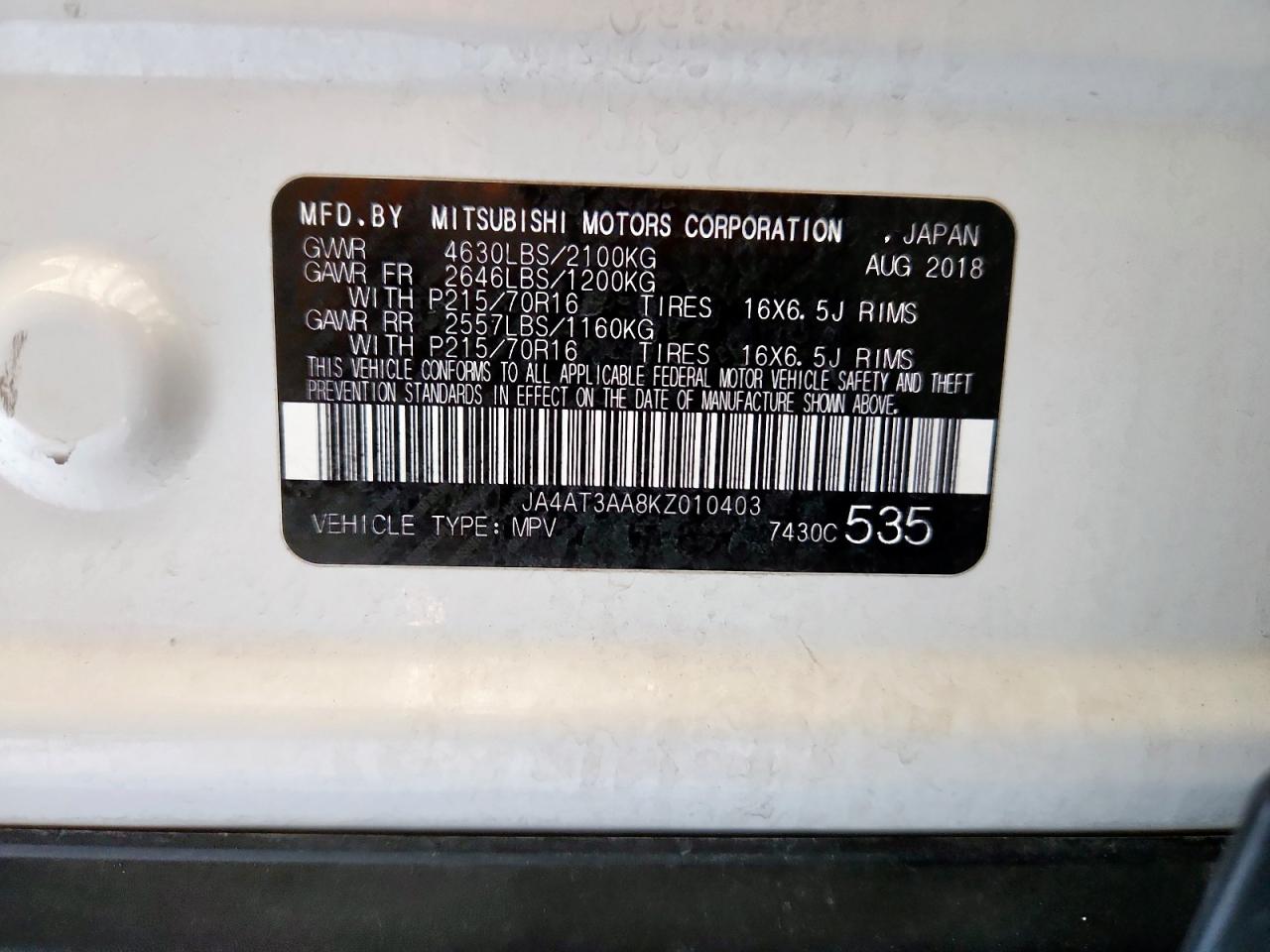 2019 Mitsubishi Eclipse Cross Es VIN: JA4AT3AA8KZ010403 Lot: 85566035