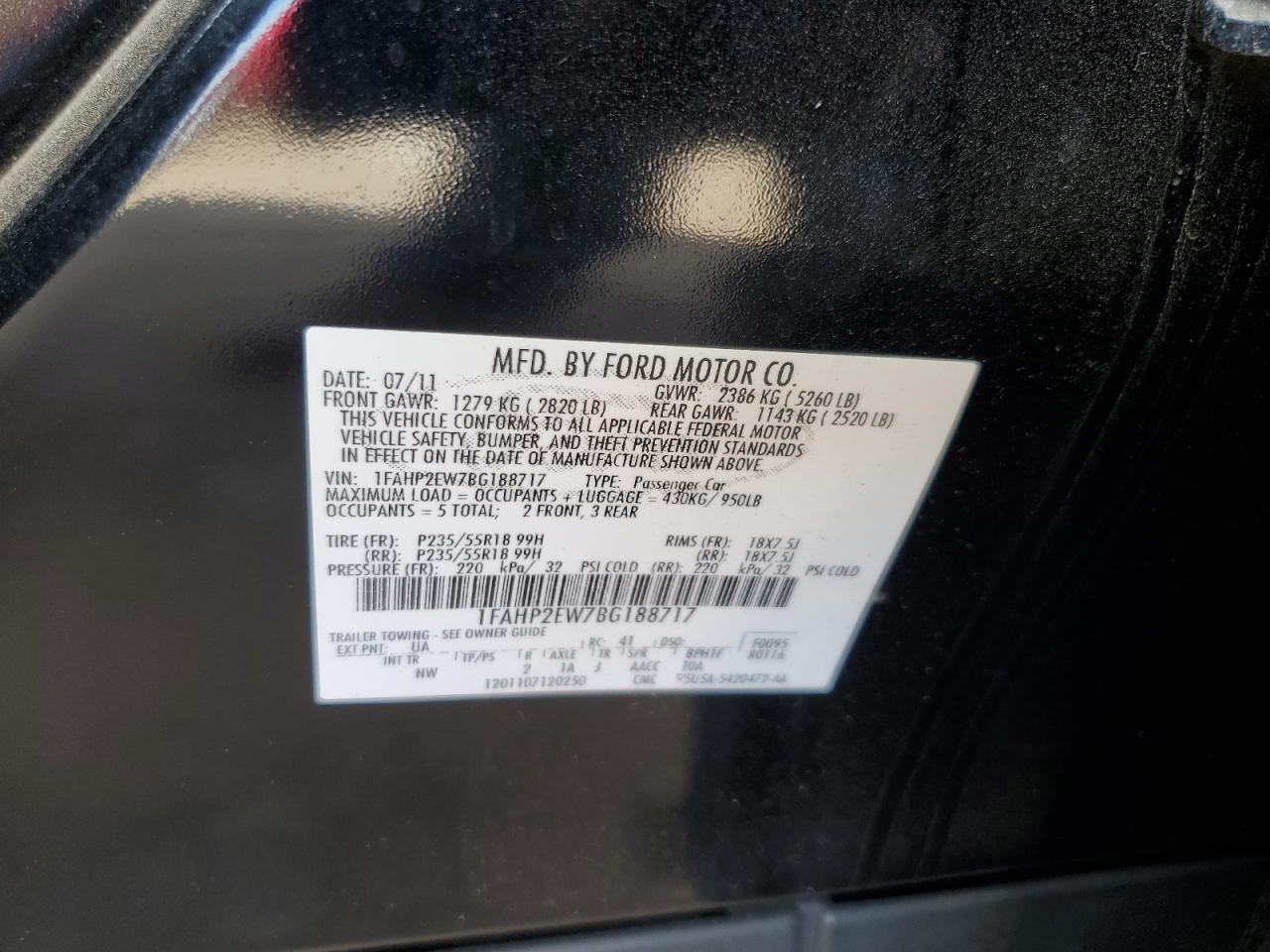 2011 Ford Taurus Sel VIN: 1FAHP2EW7BG188717 Lot: 82212785