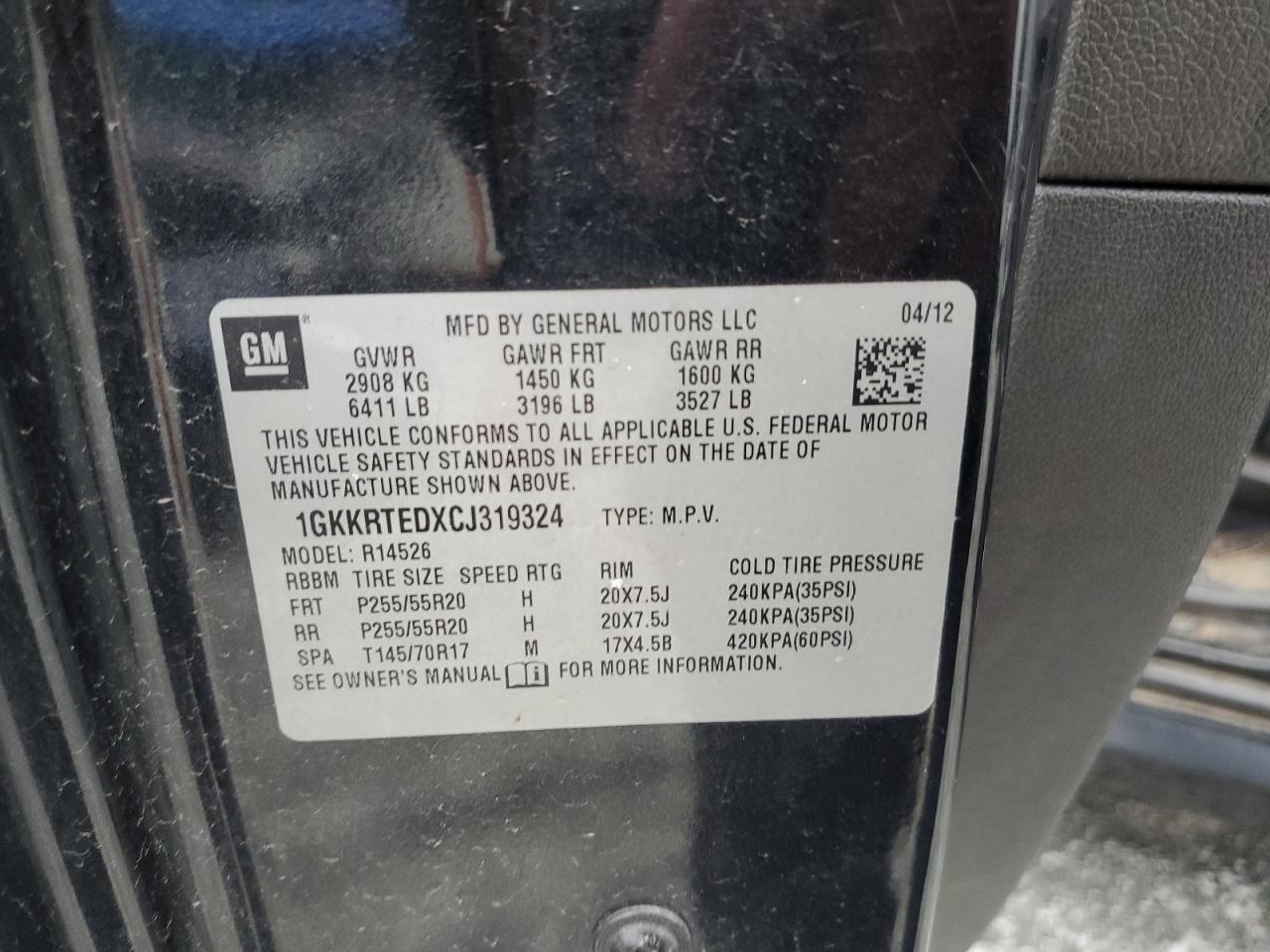 2012 GMC Acadia Denali VIN: 1GKKRTEDXCJ319324 Lot: 82615245