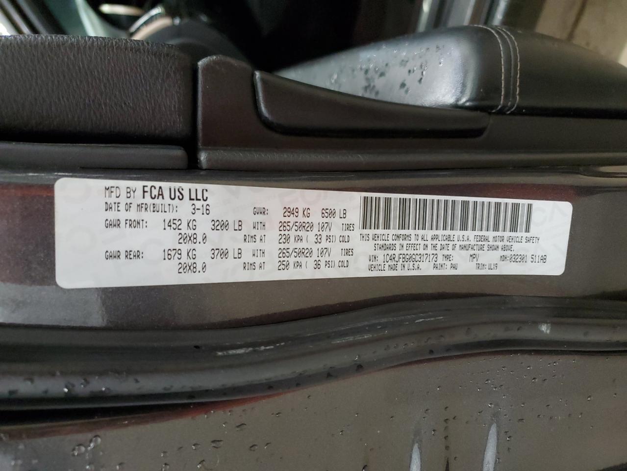 2016 Jeep Grand Cherokee Limited VIN: 1C4RJFBG0GC317173 Lot: 85730485