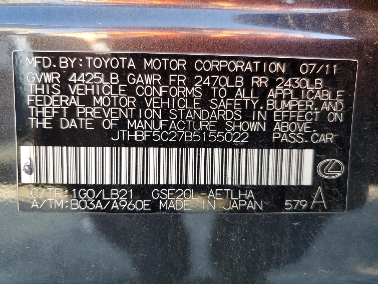 2011 Lexus Is 250 VIN: JTHBF5C27B5155022 Lot: 84066395