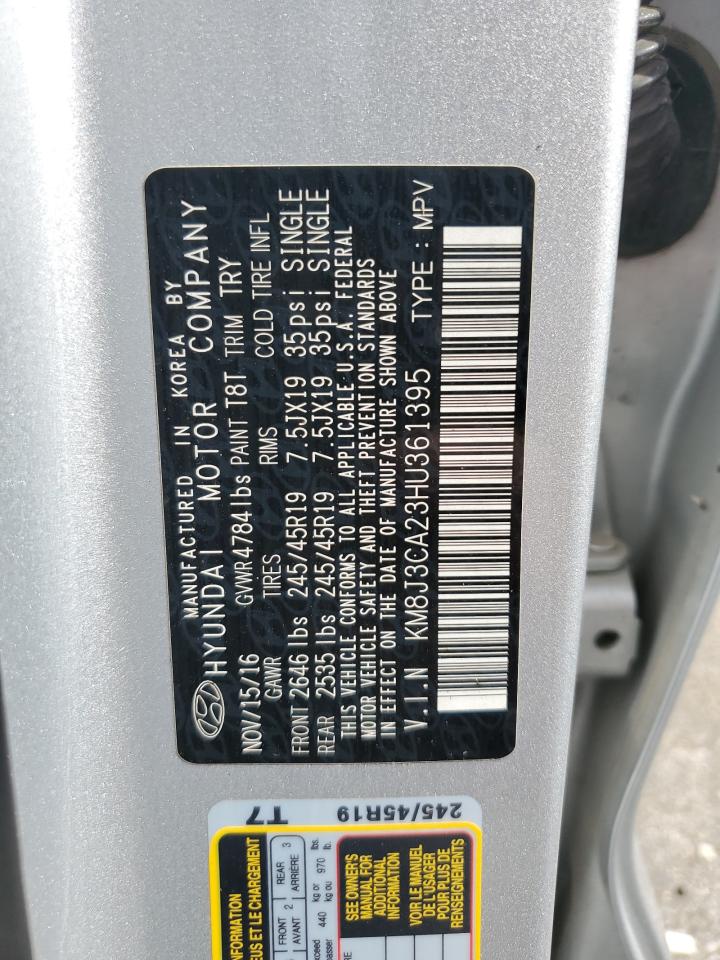 2017 Hyundai Tucson Limited VIN: KM8J3CA23HU361395 Lot: 82218215