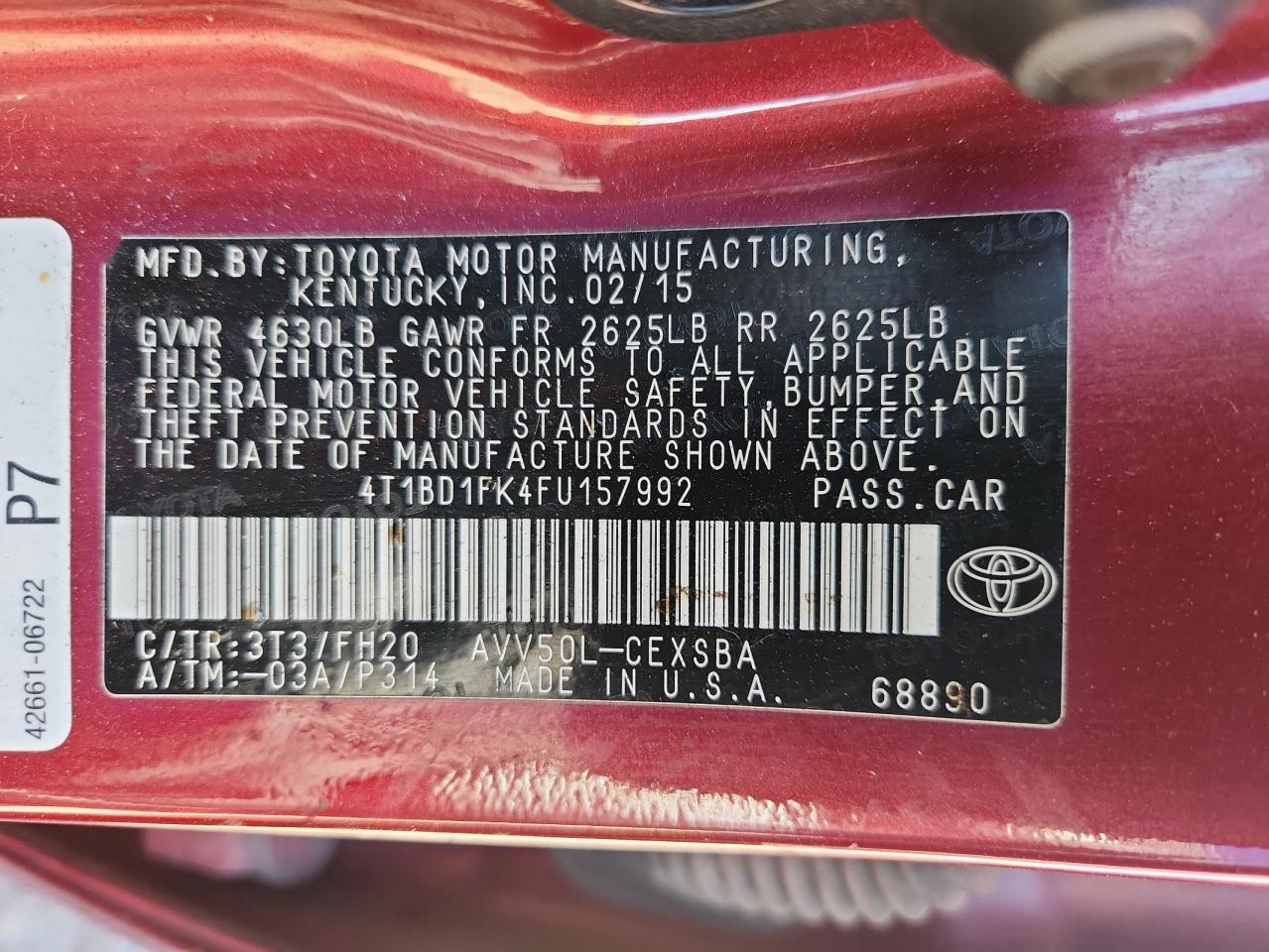 2015 Toyota Camry Hybrid VIN: 4T1BD1FK4FU157992 Lot: 84356855