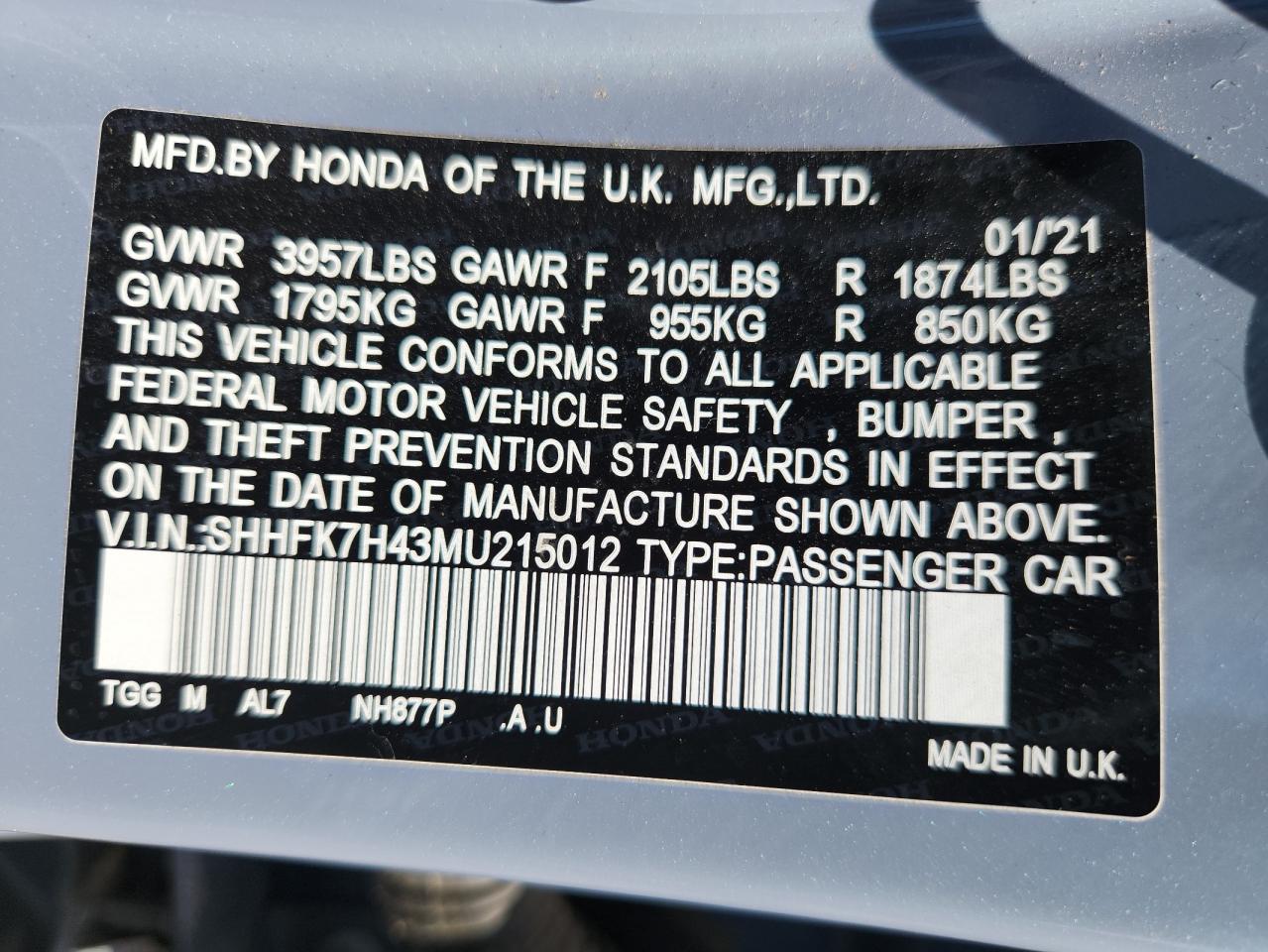 2021 Honda Civic Sport VIN: SHHFK7H43MU215012 Lot: 85897295