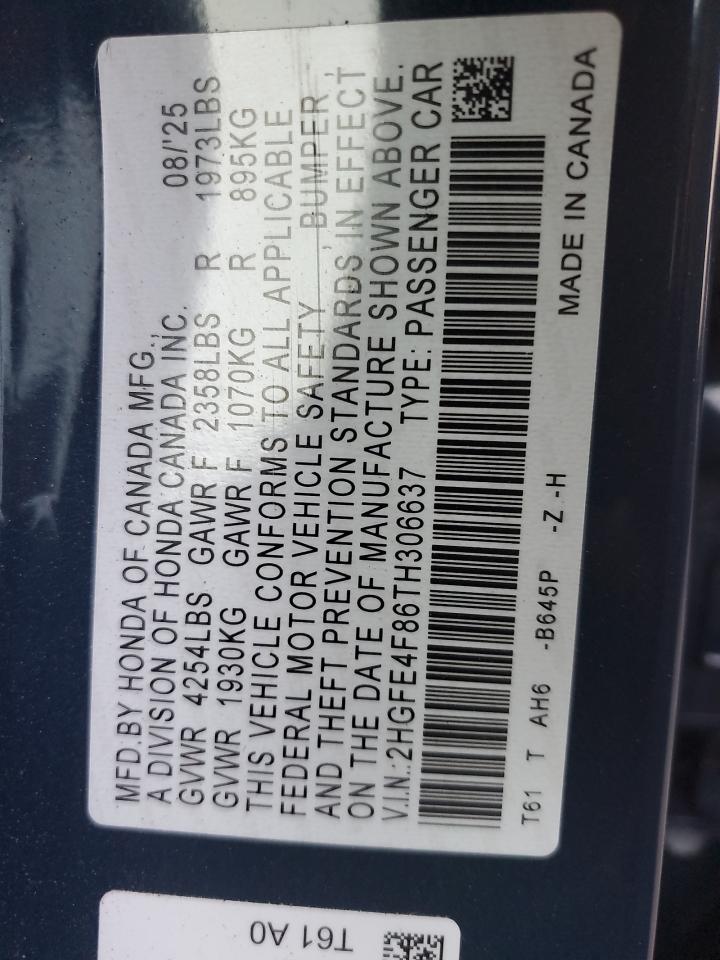 2026 Honda Civic Sport VIN: 2HGFE4F86TH306637 Lot: 84752295