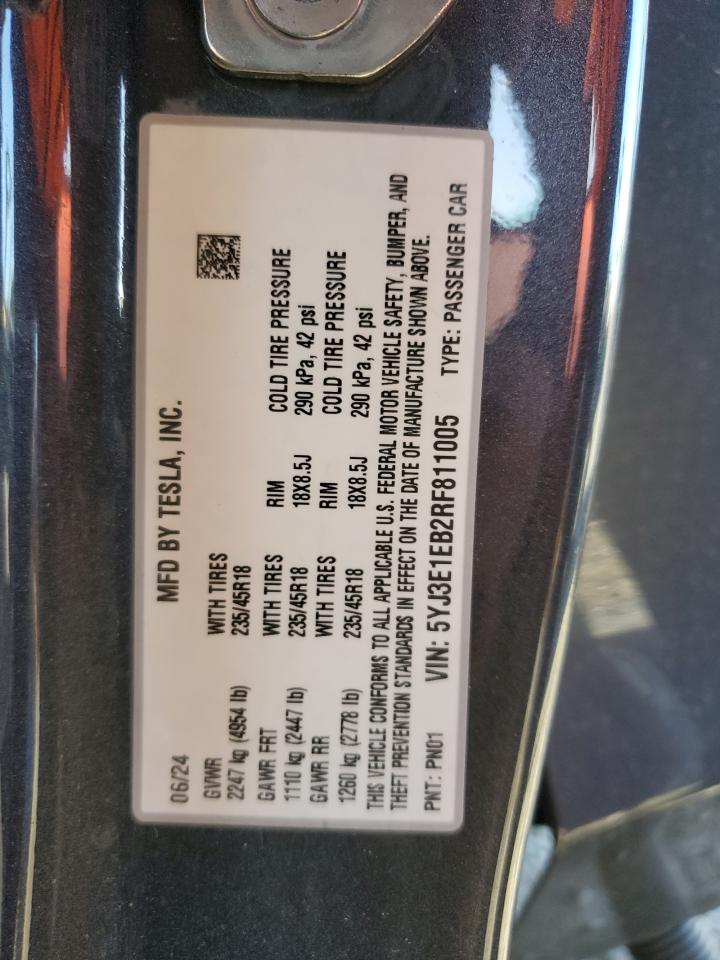 2024 Tesla Model 3 VIN: 5YJ3E1EB2RF811005 Lot: 82544145