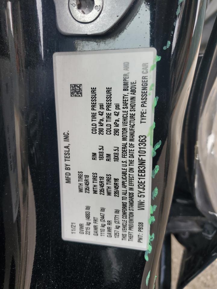 2022 Tesla Model 3 VIN: 5YJ3E1EB3NF101363 Lot: 86421555