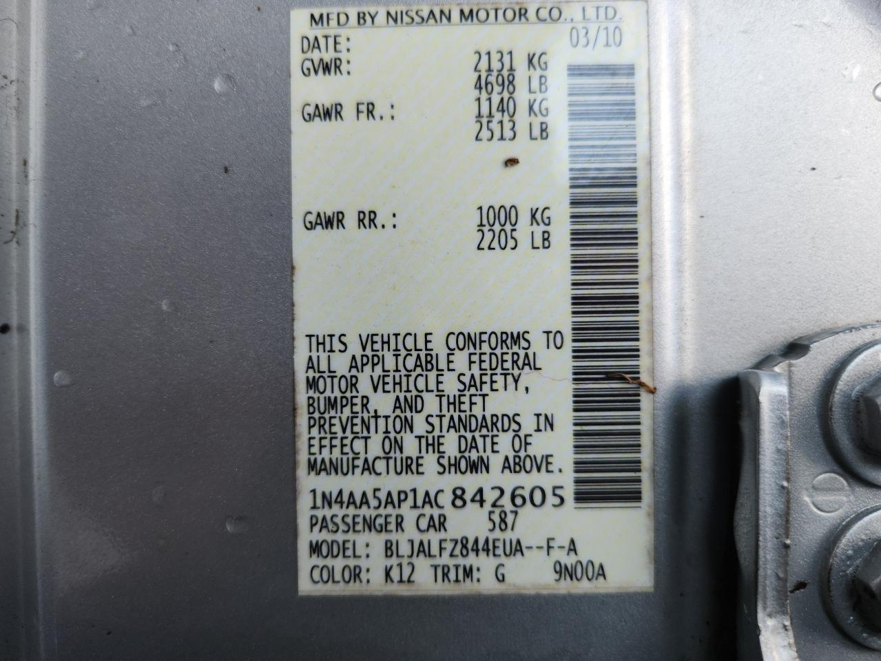 2010 Nissan Maxima S VIN: 1N4AA5AP1AC842605 Lot: 85332445