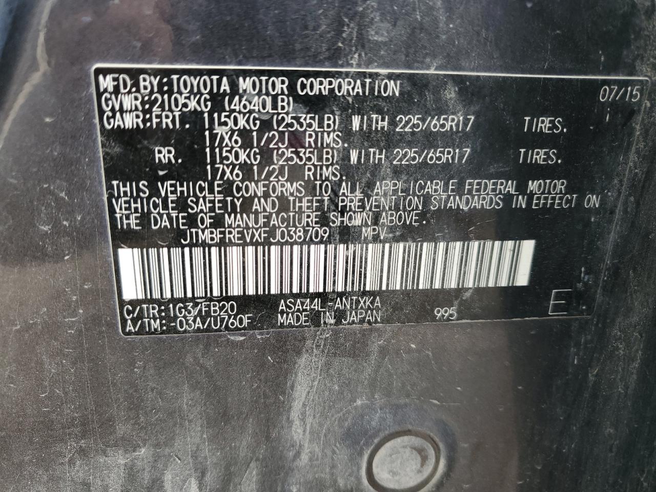 2015 Toyota Rav4 Le VIN: JTMBFREVXFJ038709 Lot: 86331425