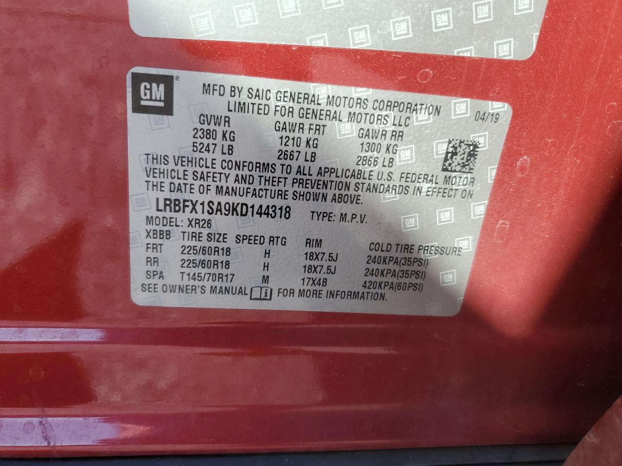 2019 Buick Envision Preferred VIN: LRBFX1SA9KD144318 Lot: 85855705