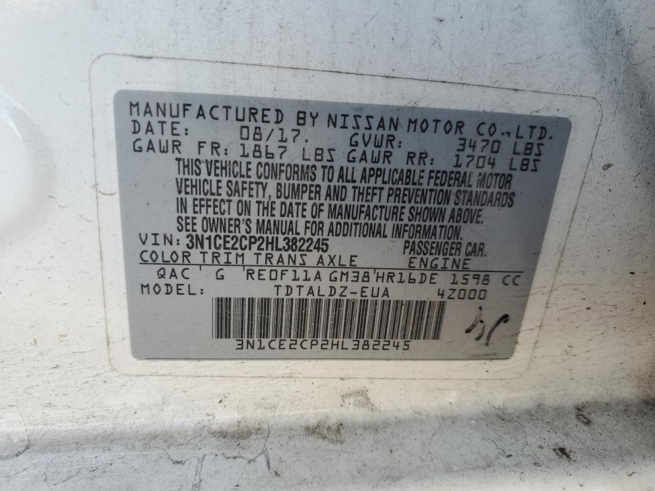 2017 Nissan Versa Note S VIN: 3N1CE2CP2HL382245 Lot: 82213115