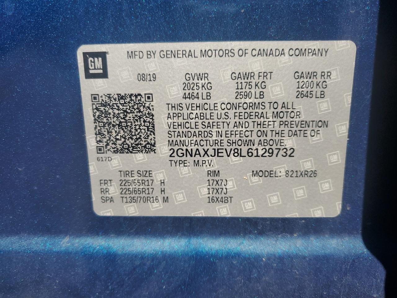 2020 Chevrolet Equinox Lt VIN: 2GNAXJEV8L6129732 Lot: 86153645