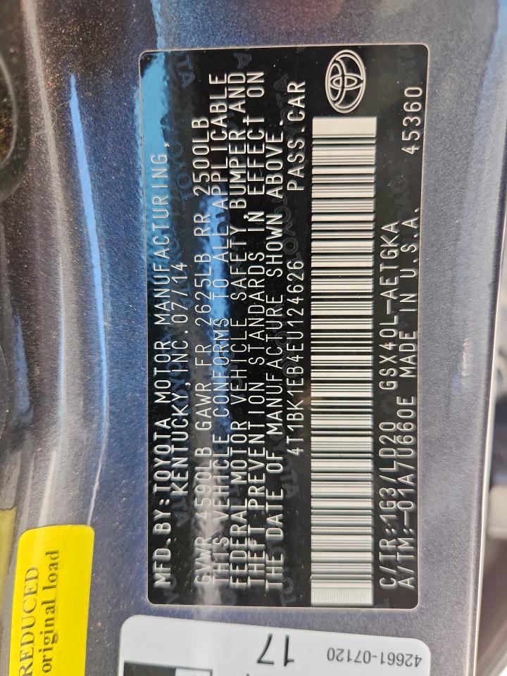 2014 Toyota Avalon Base VIN: 4T1BK1EB4EU124626 Lot: 82465675