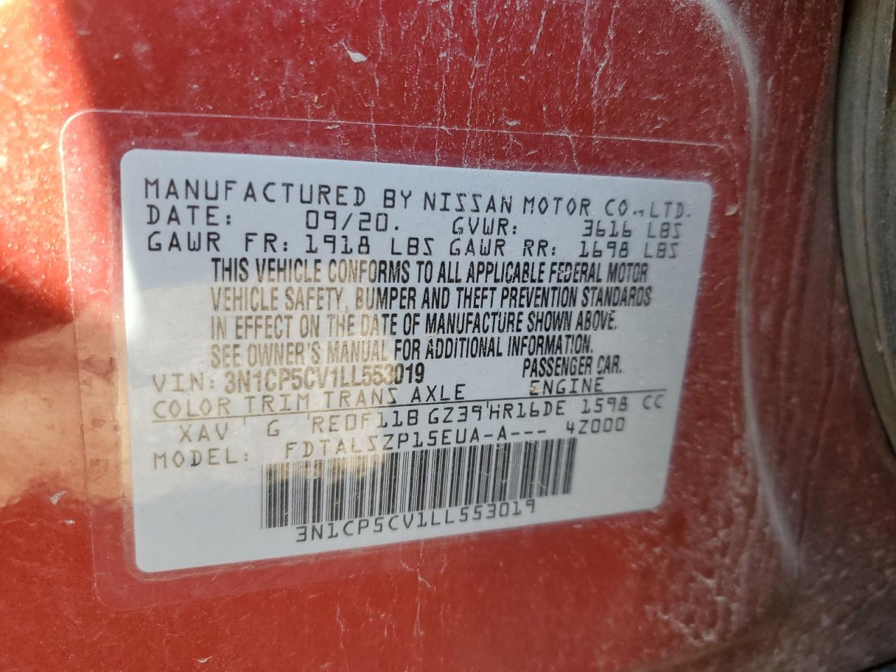 2020 Nissan Kicks Sv VIN: 3N1CP5CV1LL553019 Lot: 85548735