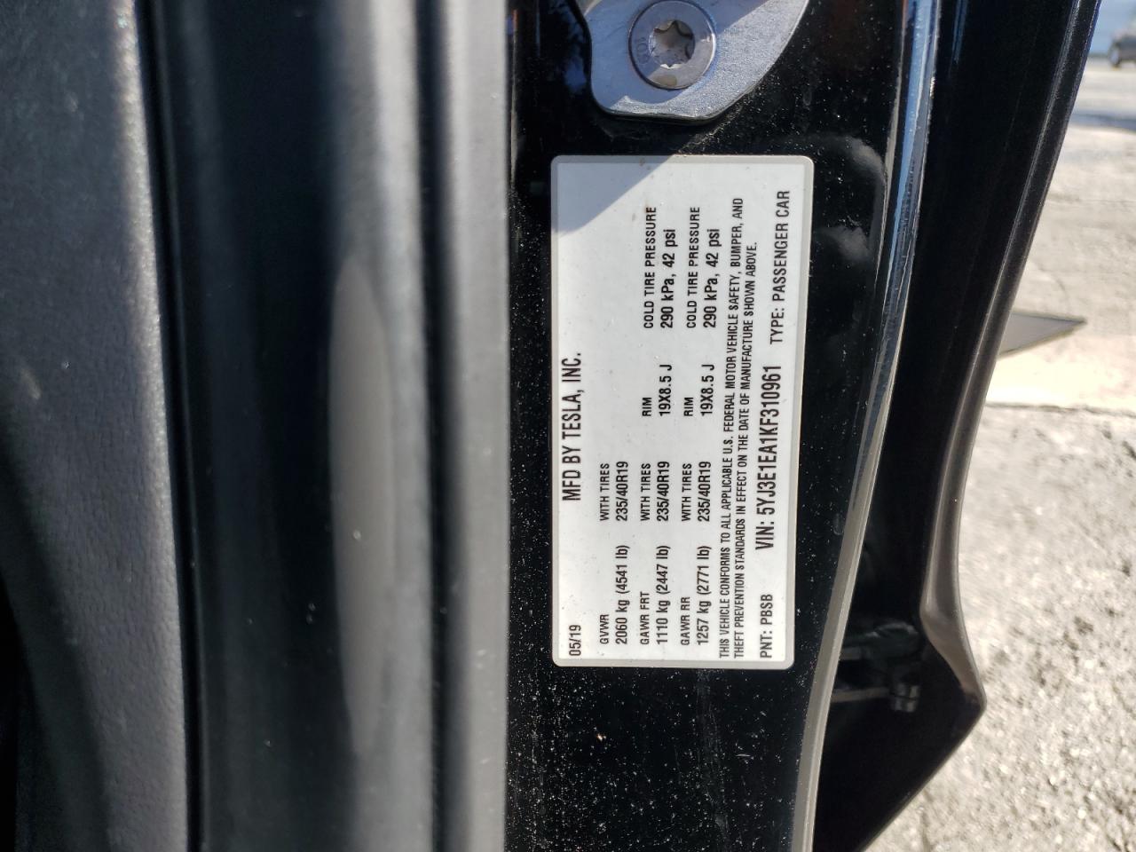 2019 Tesla Model 3 VIN: 5YJ3E1EA1KF310961 Lot: 85569225