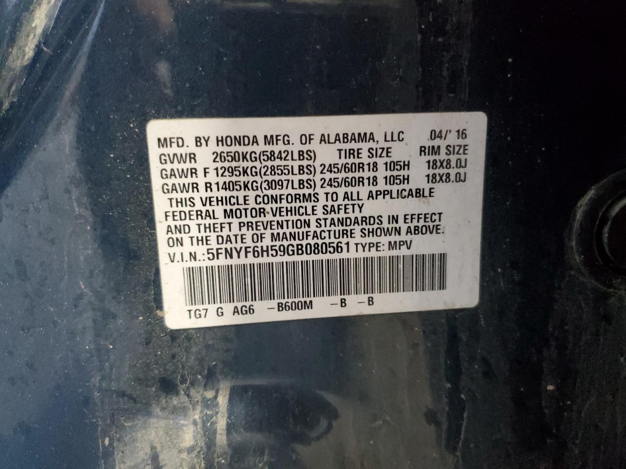 2016 Honda Pilot Exl VIN: 5FNYF6H59GB080561 Lot: 90016465